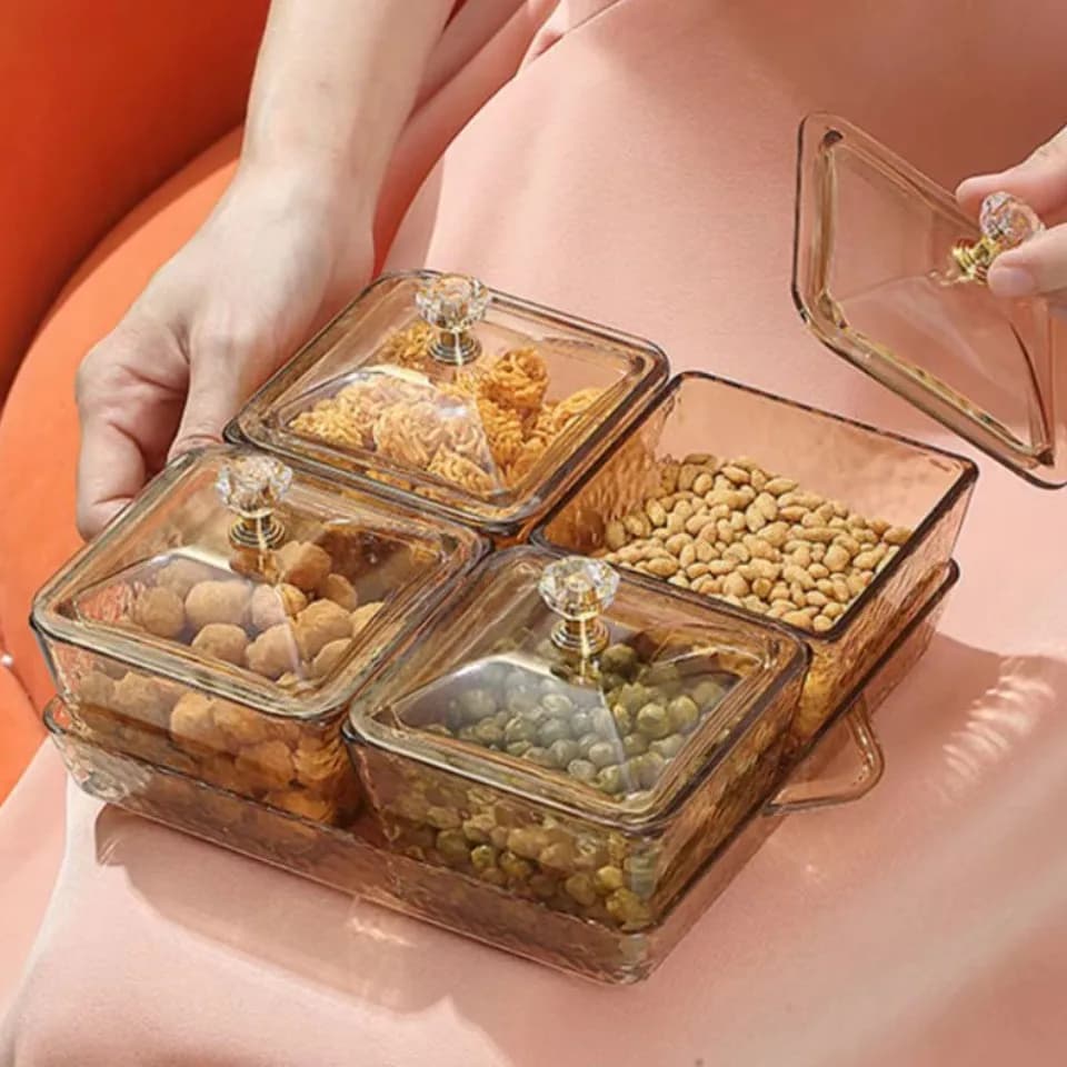 Piatti di frutta di lusso leggeri, scatole di caramelle in vetro per uso domestico, scatole di immagazzinaggio per snack a nuovo scomparto, piatti di semi di melone di frutta secca