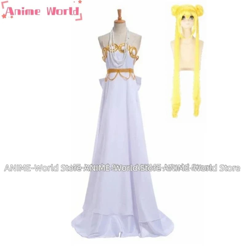 Anime Crystal Usagi Tsukino Princess Serenity White Queen Dress Wig Cosplay Costumes for the 20th anniversary with necklace