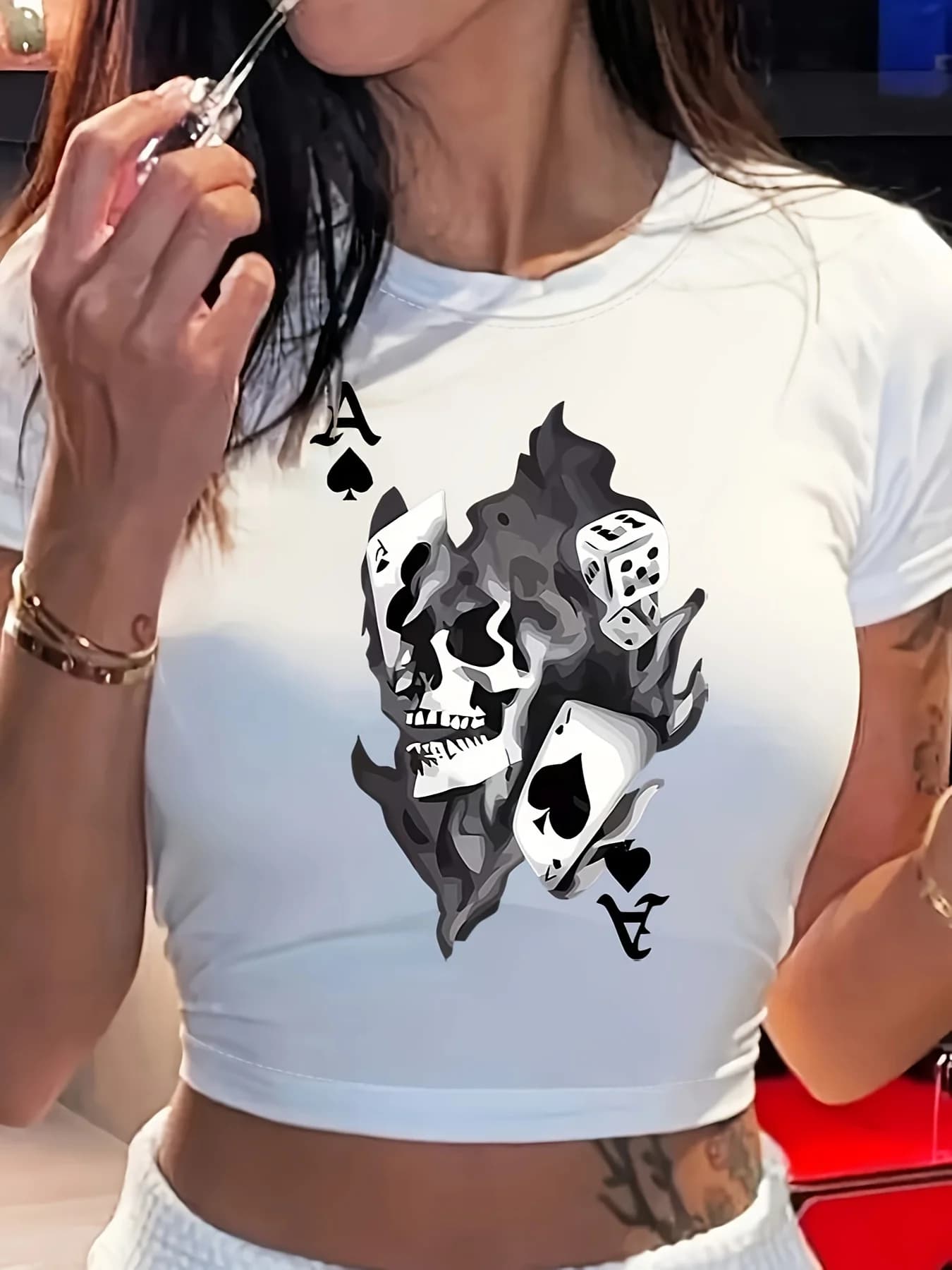 Poker Card & Skull Print T-Shirt, Casual Crew Neck Short Sleeve T-Shirt for Spring & Summer, Women's Clothing