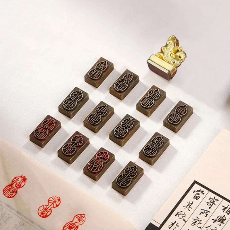 12 in 1 Metal Gourd Seal Stamp Set, Chinese Character Engraved Art Chop for Calligraphy & Painting