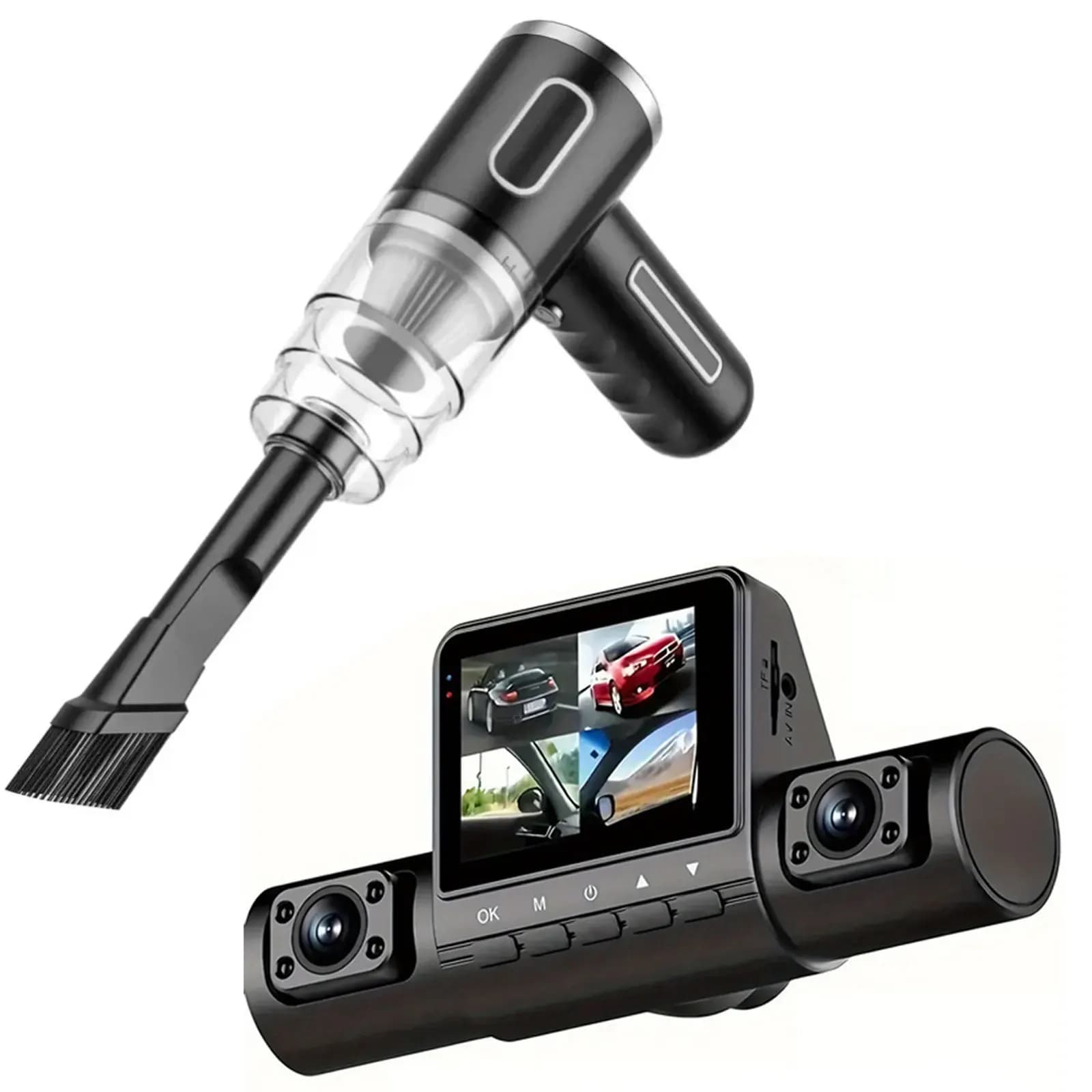 4-Lens 1080P Dash Cam 360° Surround View & 5500Pa Cordless Car Vacuum Cleaner, 3.16" IPS Screen DVR with Night Vision, G-Sensor, Loop Recording & Strong Suction Wireless Handheld Vacuum for Auto Interior Cleaning, Essential Safety & Maintenance Car Bundle