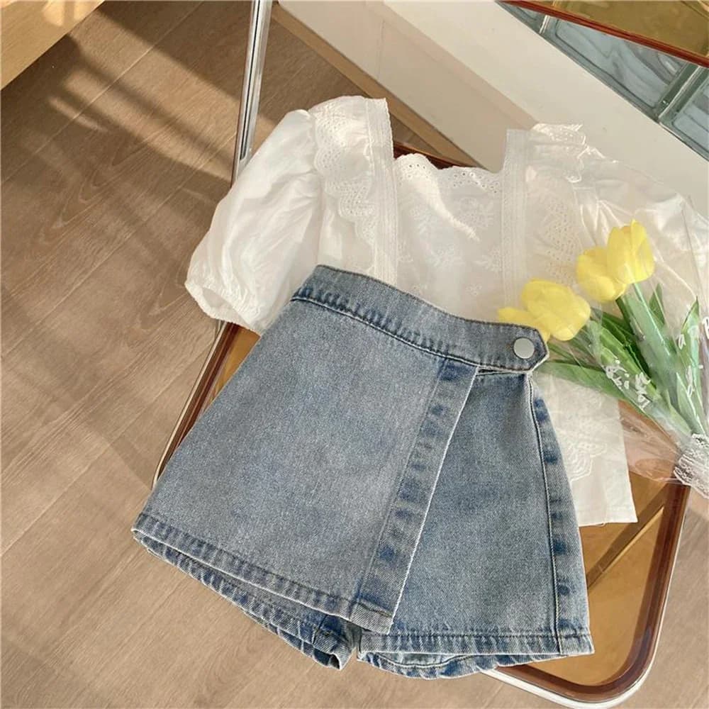 Fashion Summer Kids Sweet Clothes Puff Sleeve Square Collar Top + Shorts 2 Pcs Set 3-7 Years Girls Simple Casual Outfits