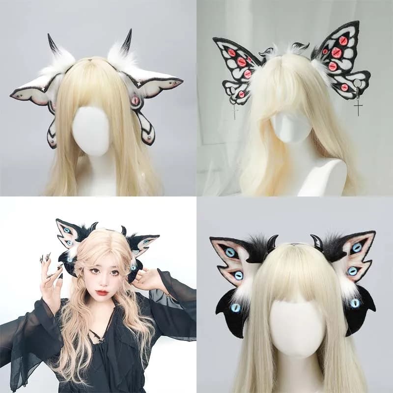 Moth Ears Headband Fursuit Demon Headwear Cosplay Costumes Fantasy Creatures Great Old Ones Cthulhu Evil Eyes Faux Fur Hair Hoop