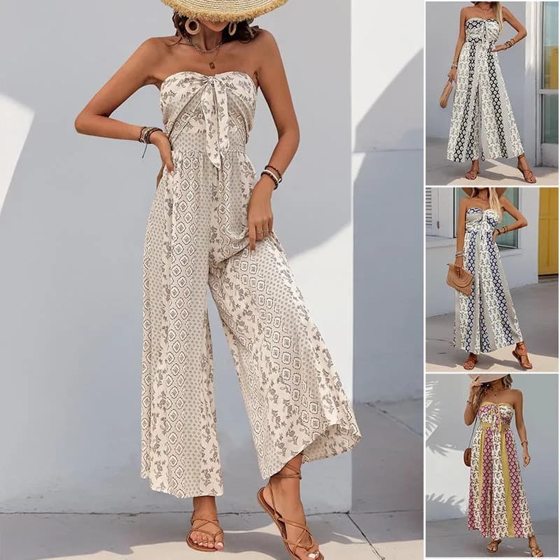 High Waist Wide Leg Pants Belted Splice Ethnic Style Casual Jumpsuit Women Summer Sell Well Loose Fit One-Piece Suit