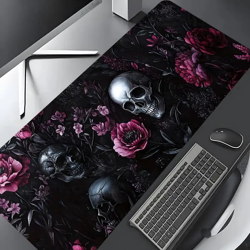 Brand Gothic Skull Mouse Pad, Iron Art Core Large Gaming Mousepad, Non-Slip Lock Edge, Washable Pink Floral Office Desk Pad