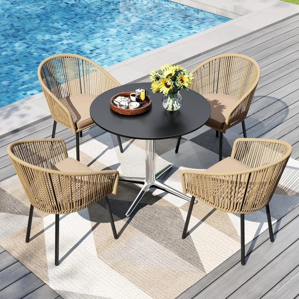 Exterior Lunch Set in 5 Pieces for 4 Persons, Round Table in Metal 30 Inches with Chairs in Brown Screws and Bearings, Customizable