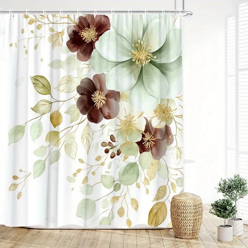 1pc Elegante tenda da doccia floreale ad acquerello, con accenti dorati, design intricato di petali e foglie, tessuto in poliestere lavabile in lavatrice