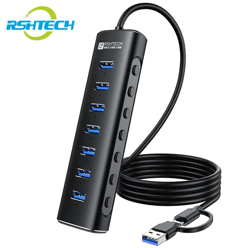 Hub dati USB 3.2 RSHTECH a 7 porte con interruttori individuali Adattatore multiporta in alluminio da 10 Gbps Espansore USB per PC per accessori per laptop