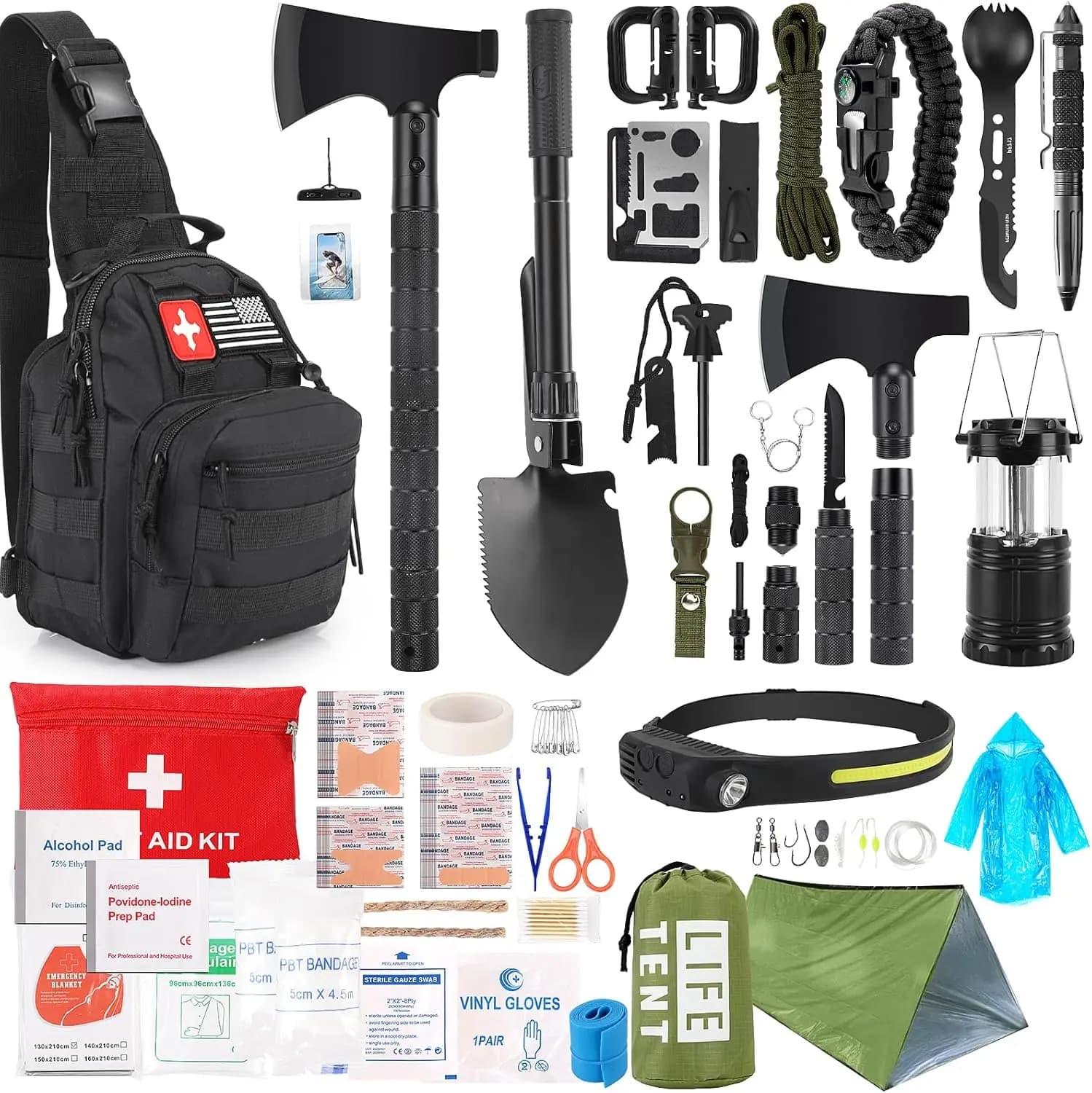 Emergency Survival Kit from 268 Pieces with Emergency Supplies, Camping Axe, Front Lamp and Shoulder Bag for Open Adventures
