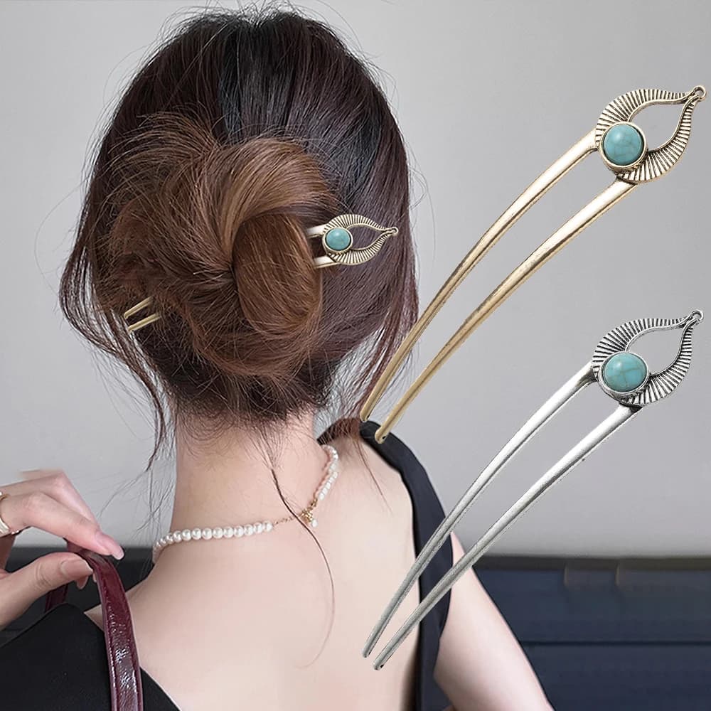U-shaped hairpin with Egyptian turquoise for women Metal Hair Sticks Shell Polished Hair Stick Cover Hair Accessories Jewelry