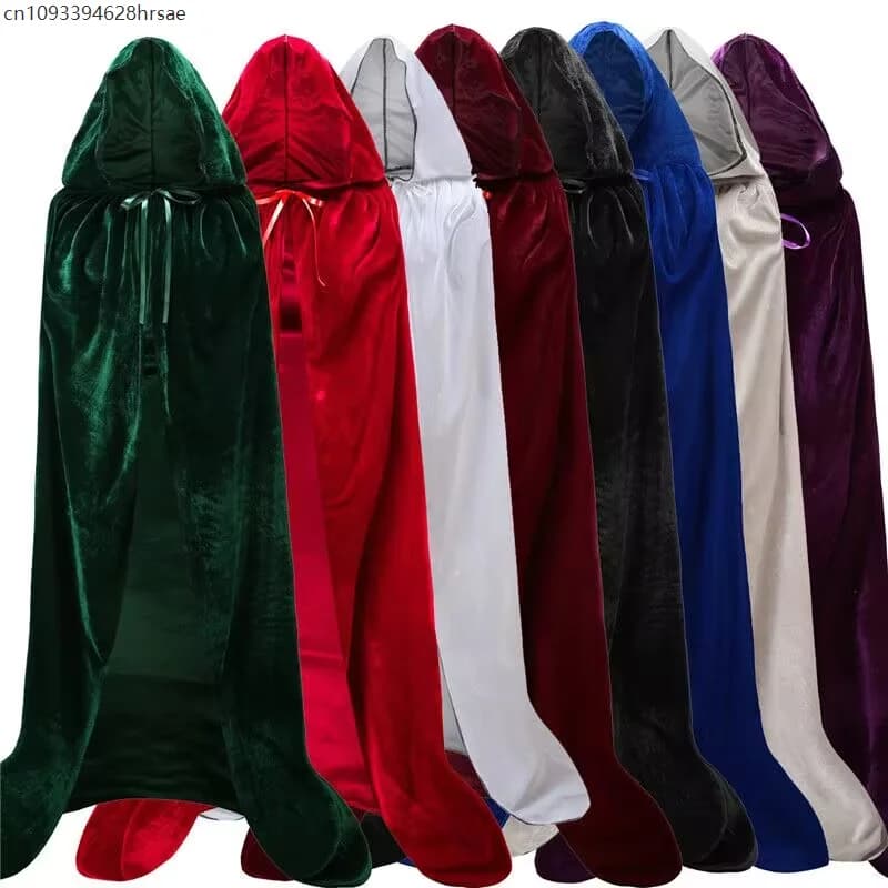 Mantello natalizio in velluto di Halloween Grim Reaper Mantello lungo con cappuccio Mantello medievale da mago strega Carnevale Cosplay Mantello della morte nera