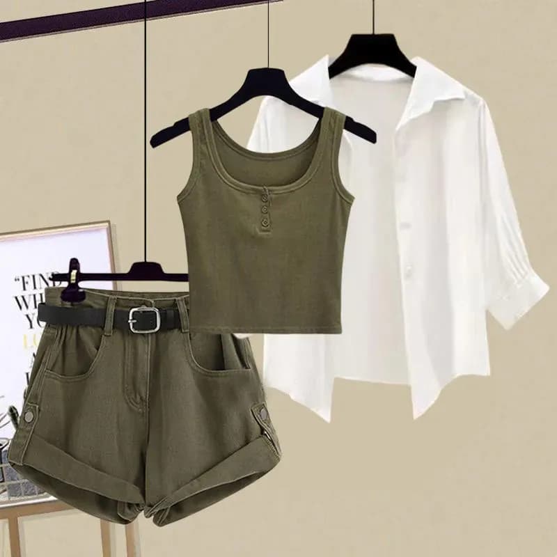Summer Fashion Set White Short Sun Protection Shirt Vest Slim Jeans Shorts Three Piece Set for Younger Looking Hot Girl