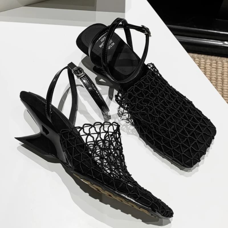 2025 New Mesh Women's High Heels Fashion Casual Square Head Mule Slippers Summer Open Heel Women's Sandals Sandalias Mujer