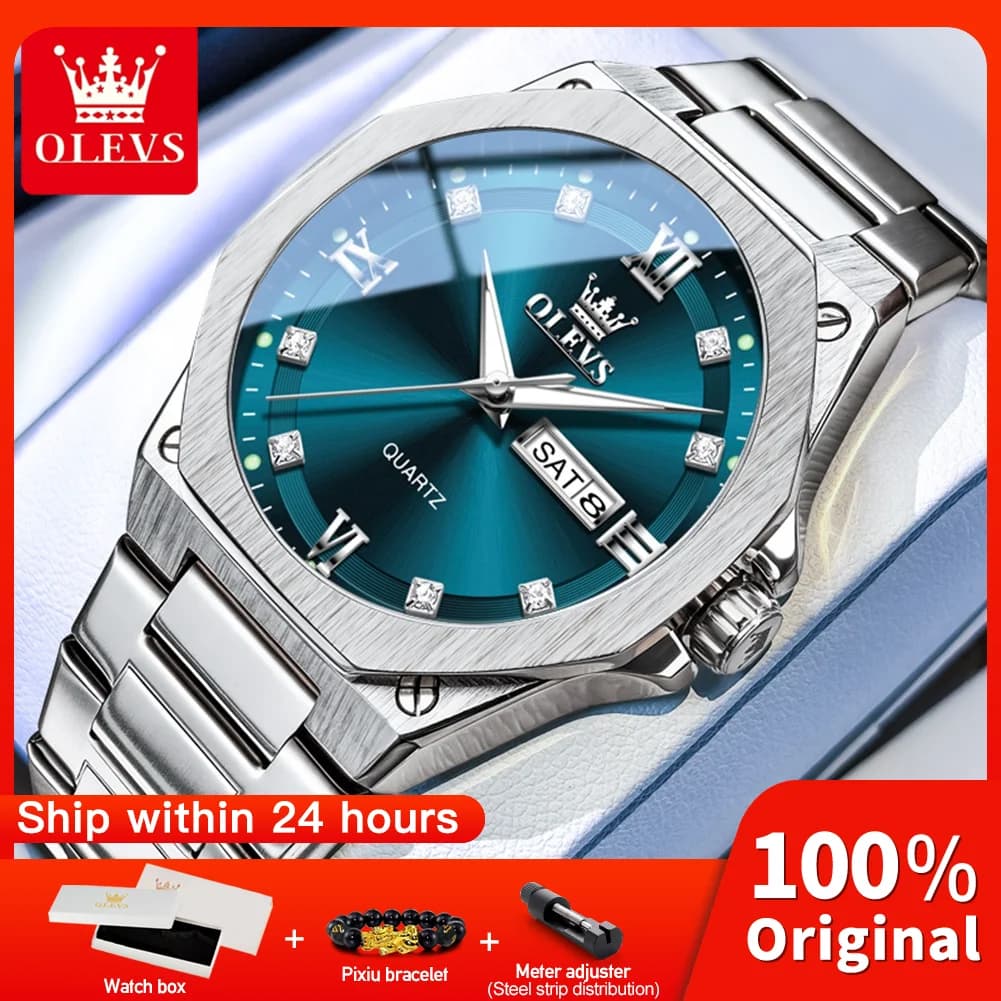 OLEVS 3736 Unique Quartz Movement Watch For Men Stainless Steel Night Light 30m Waterproof Calendar Window Watch For Men