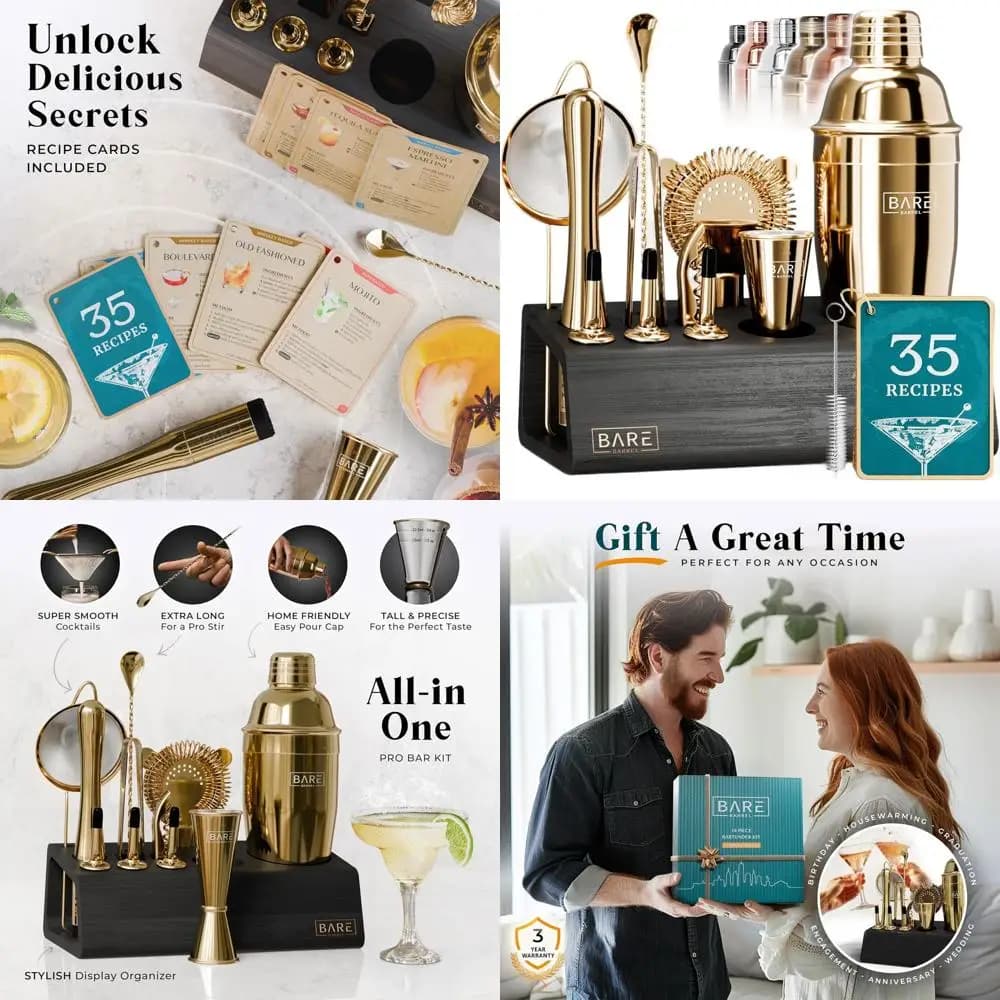 Kit da cocktail da 14 pezzi con 35 ricette | Set da Barman per Casa Oro/Nero | Shaker Cobbler da 24 once