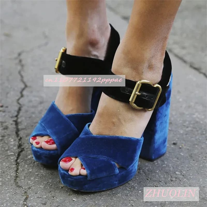 Women'S Suede Blue Splicing Platform Shoes Open Toe Thick Heel Belt Buckle Sandals Elegant Luxury Party Big Size High Heels 43