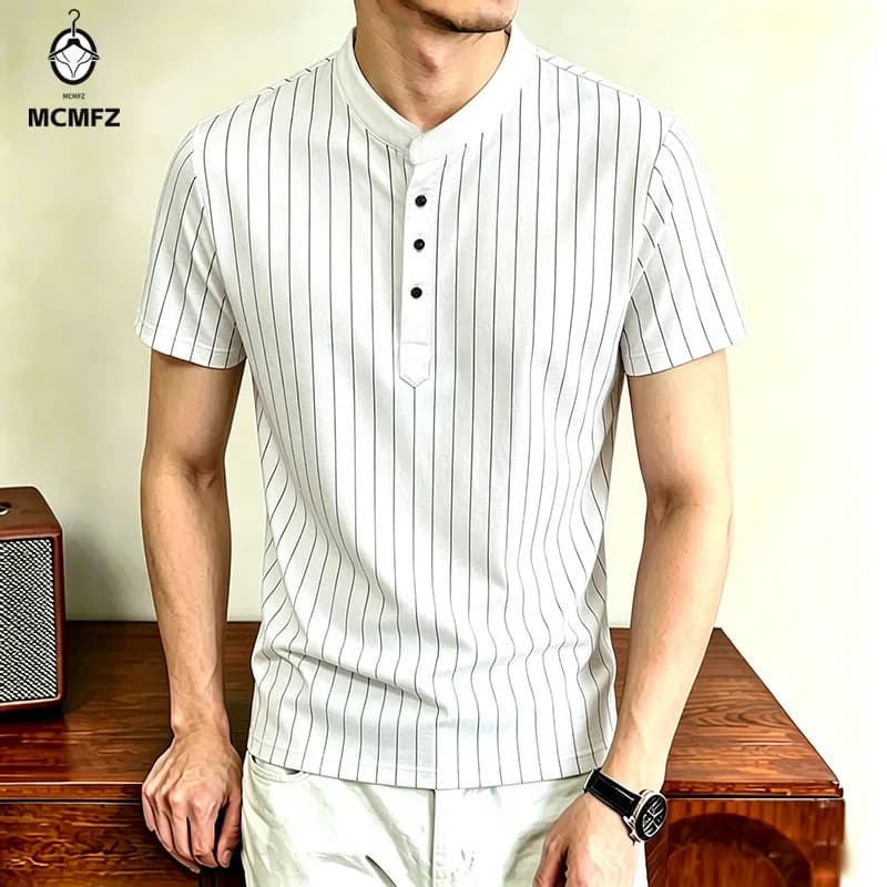 Business Daily Mens Split Stand Henley T Shirt Vertical Pinstripe Fabric Sweat Resistant Lightweight Summer Basic Wear Clothing