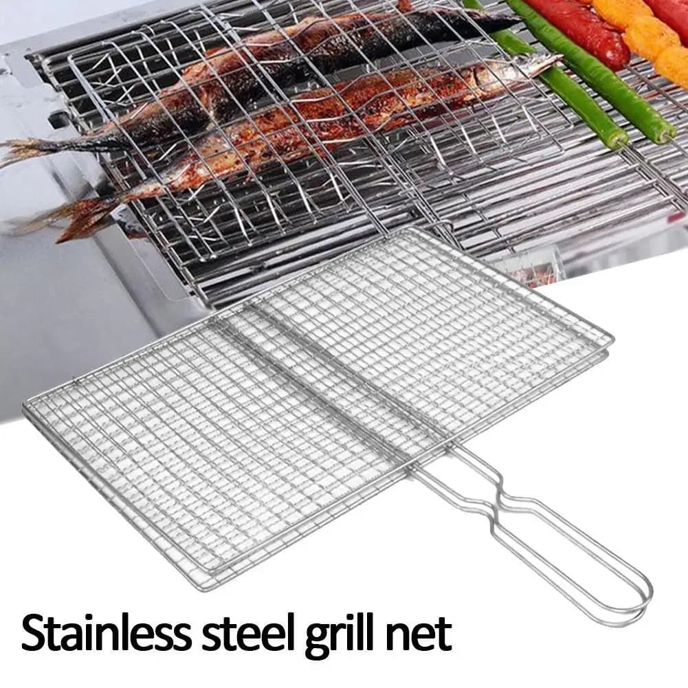 M/L Barbecue Grigliare Cestino Griglia BBQ Rete Bistecca Carne Pesce Rete Verdura Argento Ferro Maglia Morsetto Barbecue Grigliare Cestino Griglia