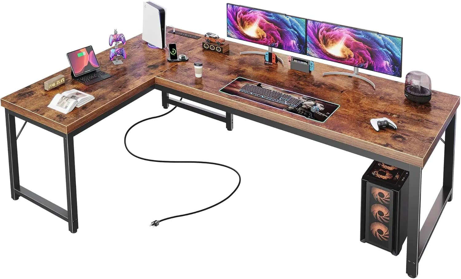 Scrivania a L da 63 Pollici con Prese di Corrente, Porta USB-C, Piano di Lavoro Spesso, Design Reversibile per Ufficio Domestico e Gaming