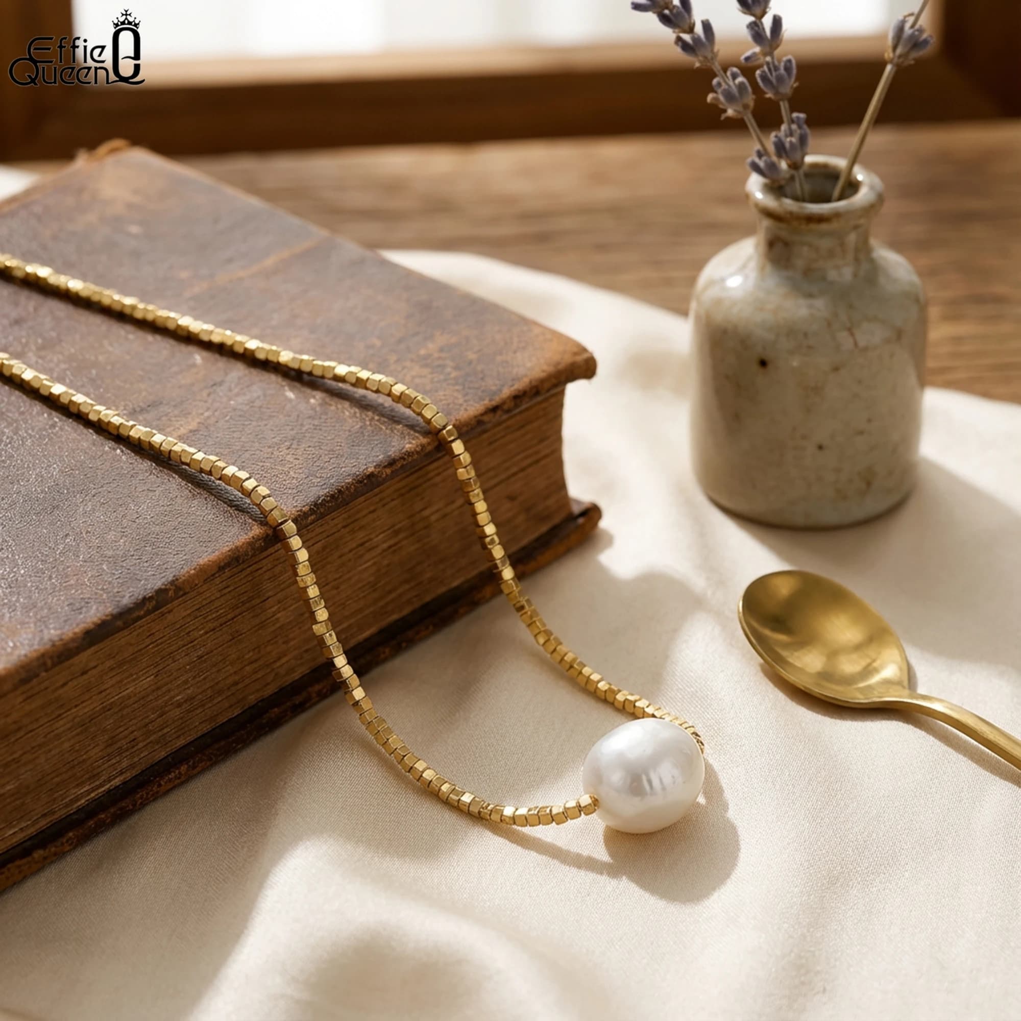 Collana Girocollo EFFIE QUEEN in Argento 925 e Oro 14k con Catena a Pepita e Grande Perla, Gioiello di Lusso per Donne, Regalo per Matrimoni e Banchetti GPN36