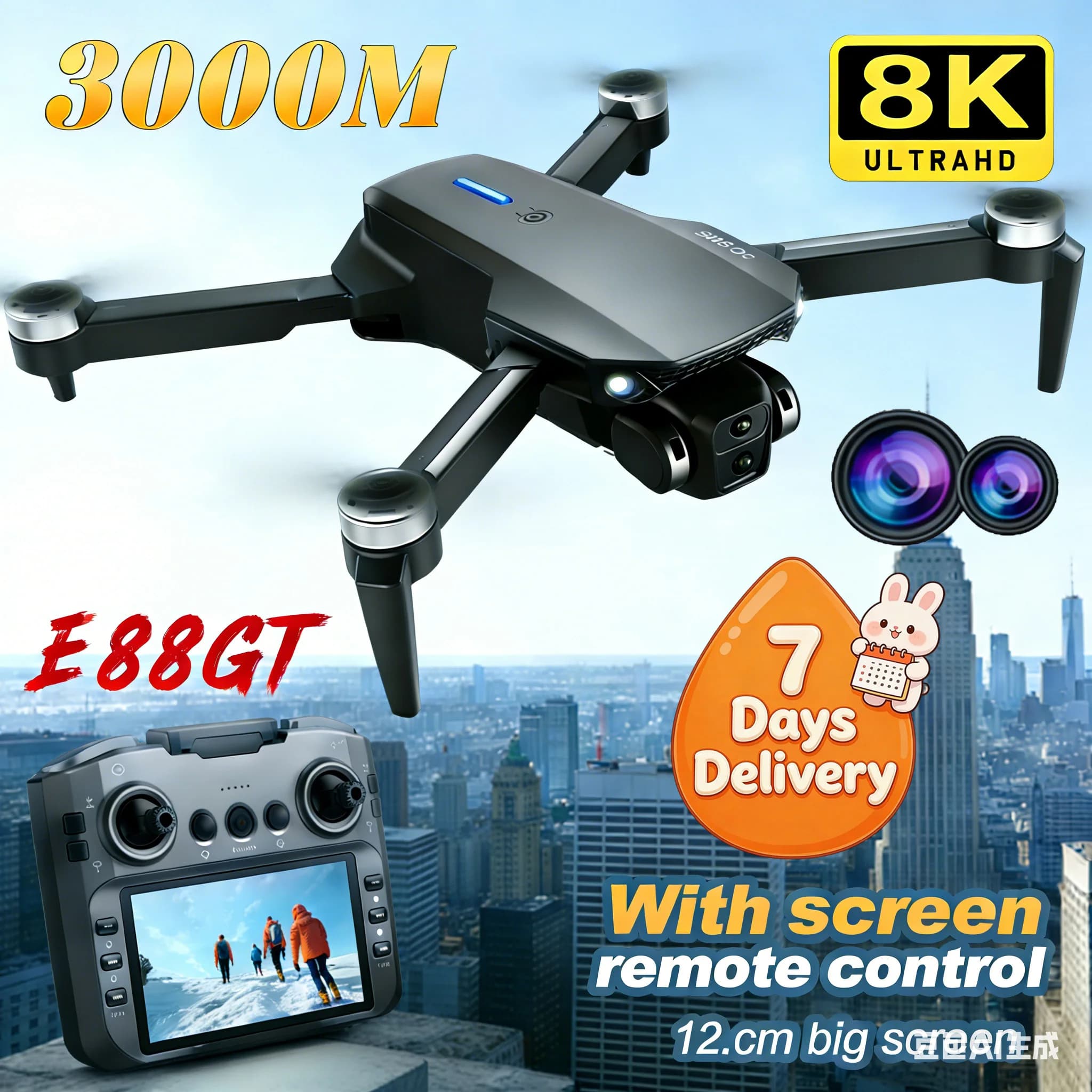 Nuovo Drone E88GT con Fotocamera 8K HD, Ampio Schermo, WiFi FPV, Quadricottero Pieghevole RC UAV per Fotografia Aerea, Streaming Live, Regalo da Viaggio