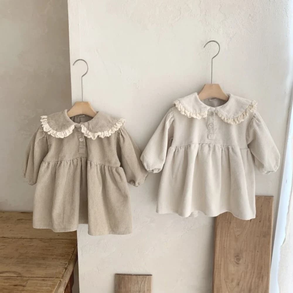 Abito da bambina primaverile con colletto alla Peter Pan, abito in velluto a coste a maniche lunghe per bambini