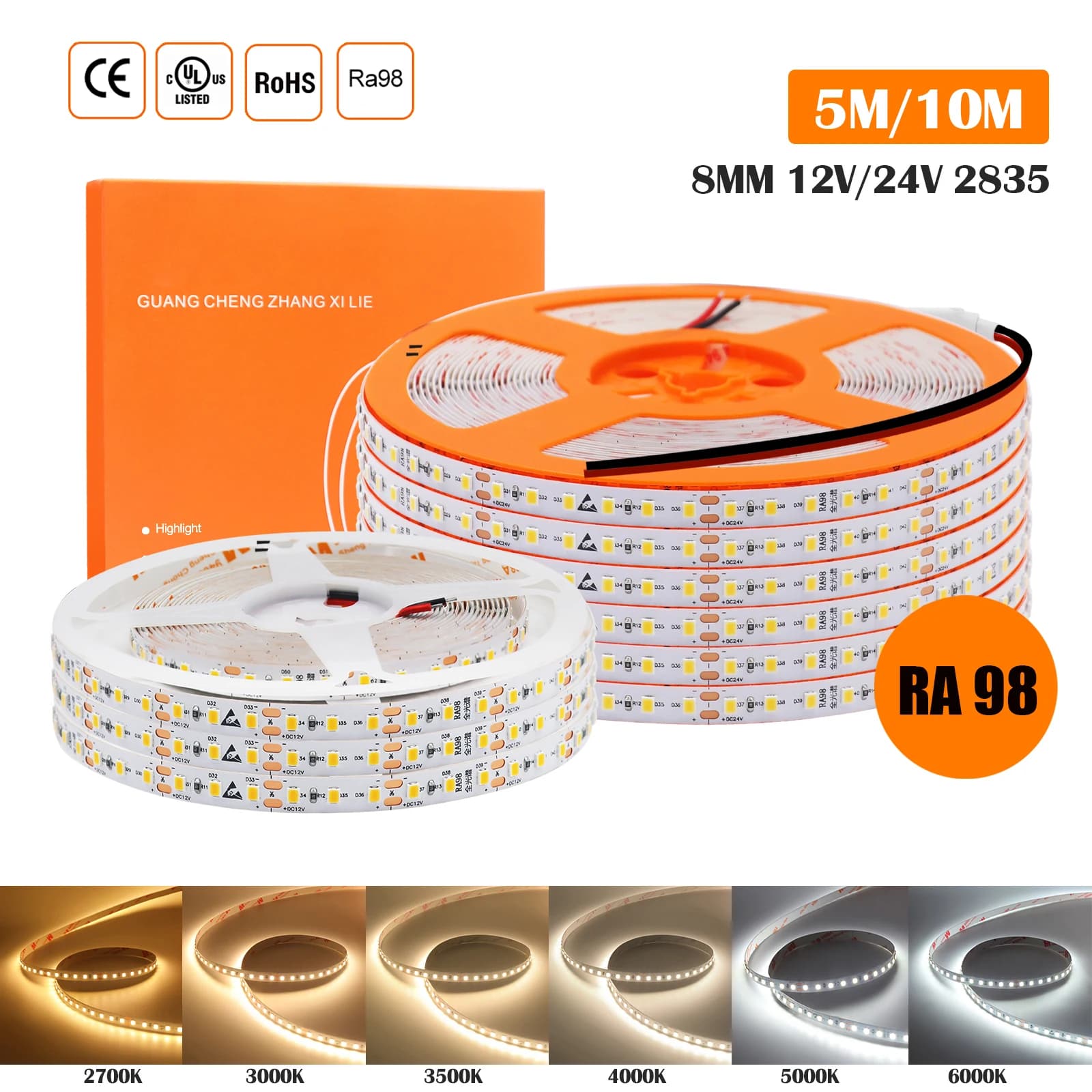DC 12V 24V RA98 Striscia LED SMD 2835 120LED/M 2700K 3000K 4000K 5000K 5500K 6000K IP20 Luce a corda a nastro flessibile 5M 10M/Rotolo