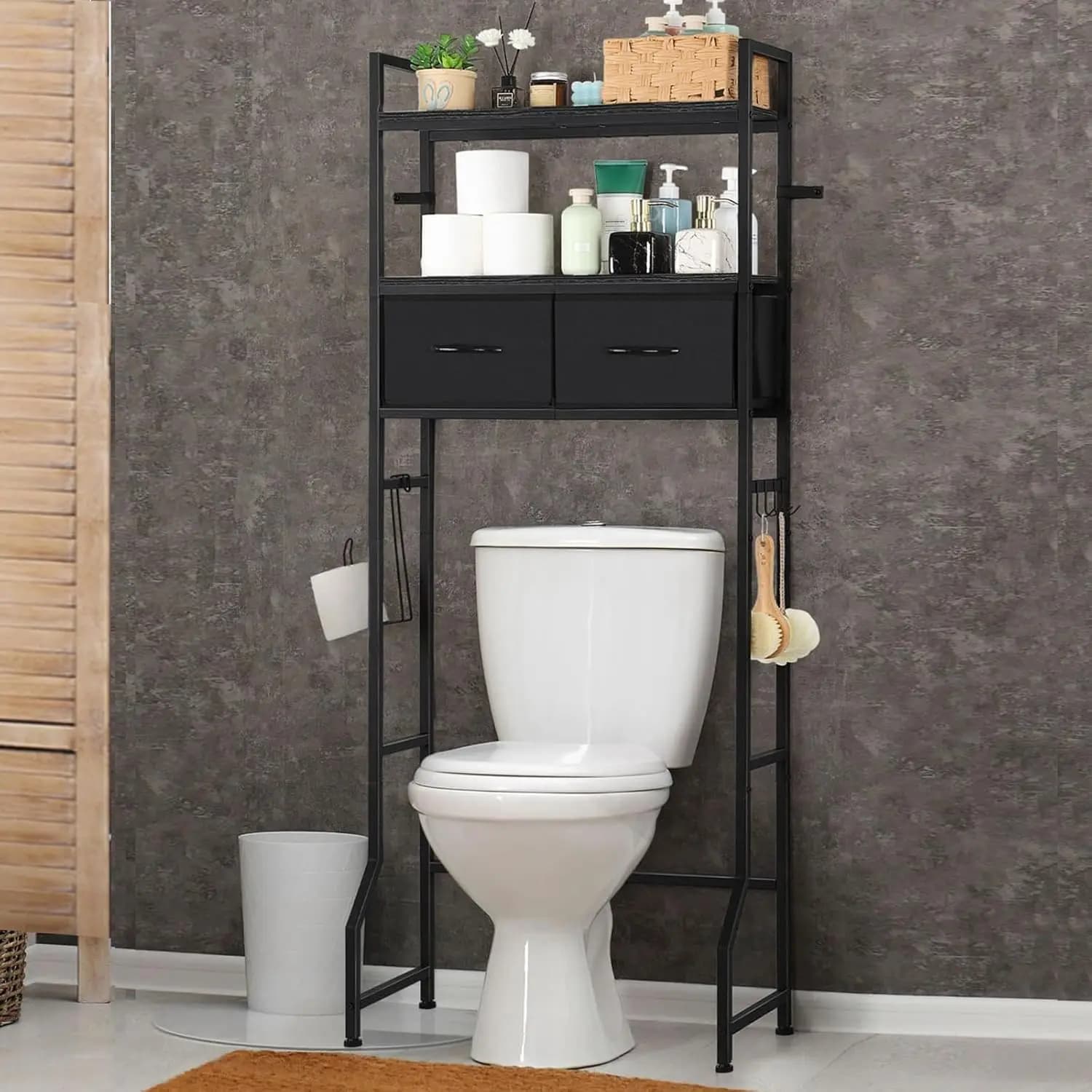 Mobiletto da bagno sopra il WC con cassetti e porta carta igienica, scaffale organizer autoportante per piccoli spazi