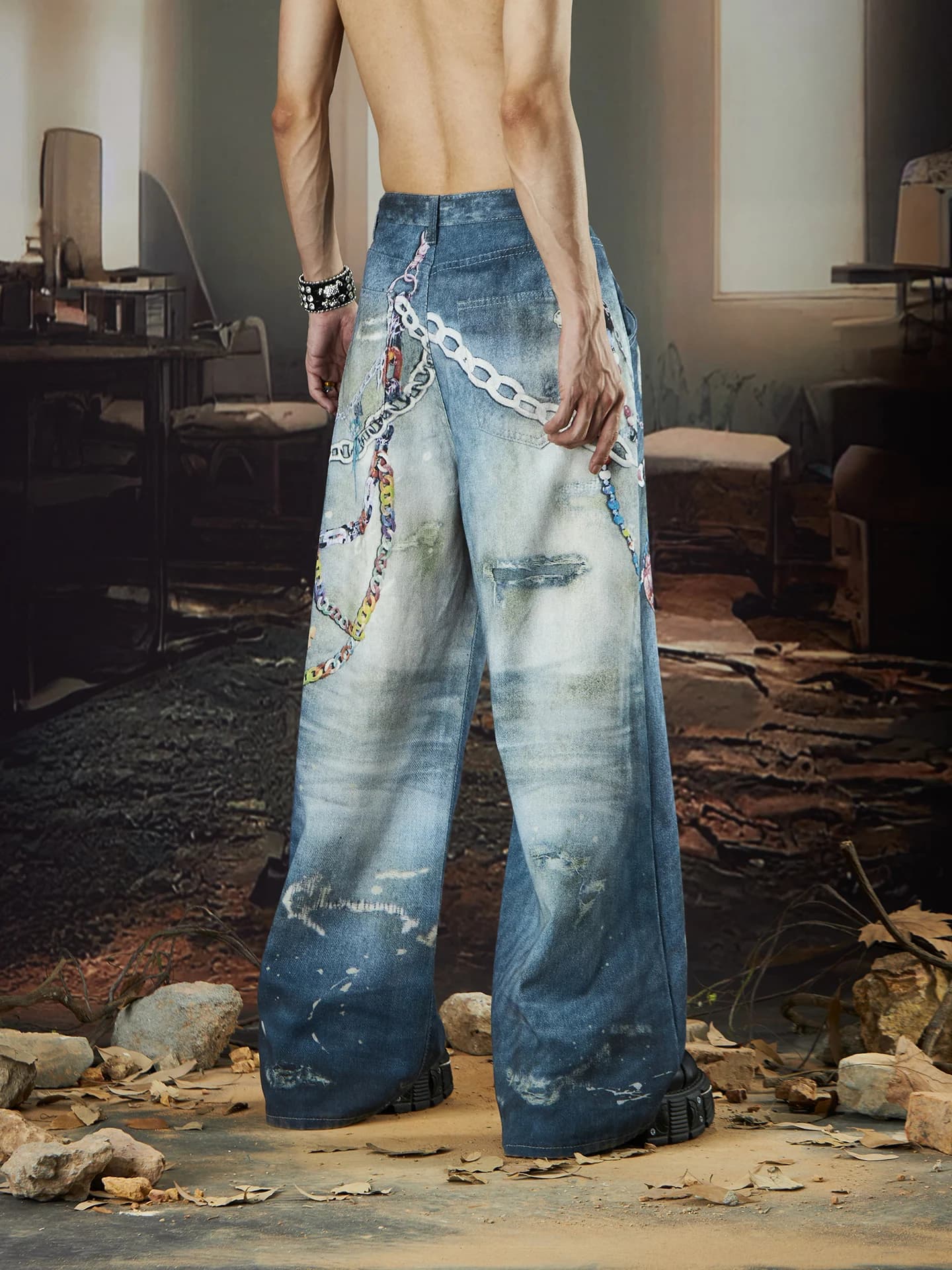 Catena di design di interesse speciale Stampa digitale Jeans stampati dritti larghi lavati e indossati Estate alla moda sottile