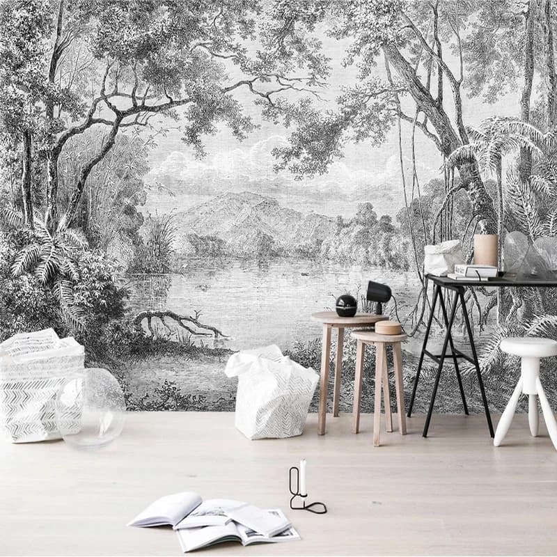 Carta da Parati Fotografica Foresta in Bianco e Nero Murale Europeo Retrò Dipinto a Mano Linee Foresta Pluviale Giungla Papel De Parede