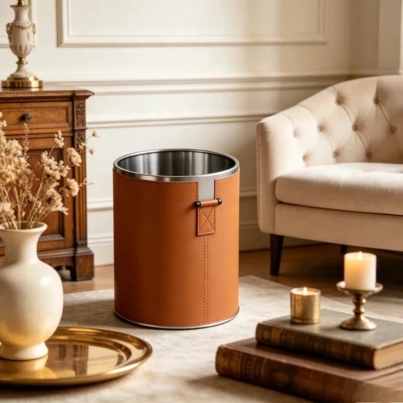 Modern Leather Trash Can Large Capacity Waste Basket Rustproof Bathroom Bin Floor Standing Office Garbage Container for Room