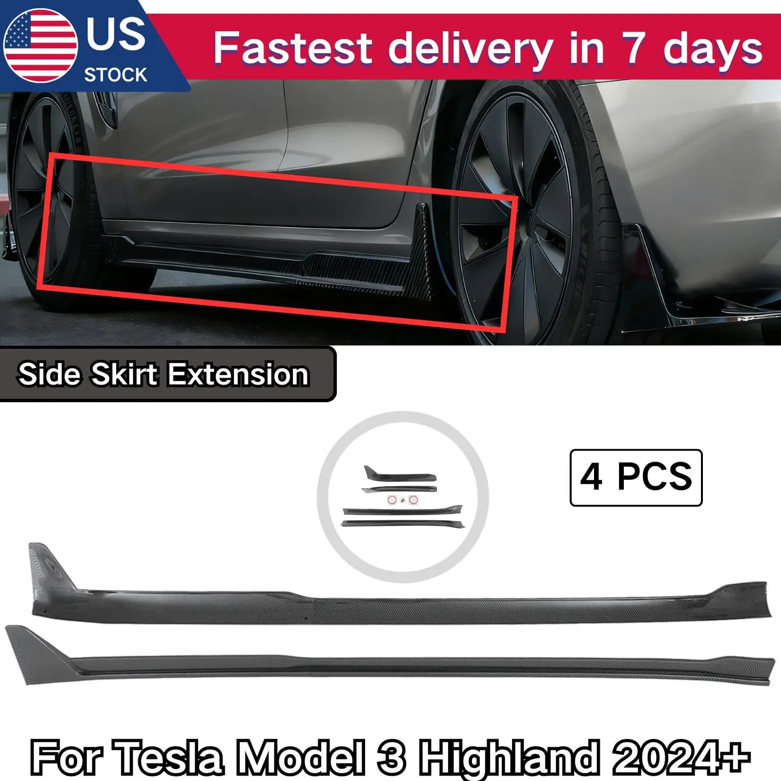 Per Tesla Model 3 Highland 2024 + Gonna laterale Estensione Nero lucido Fibra di carbonio dipinta 4 pezzi Accessori auto Kit carrozzeria Auto