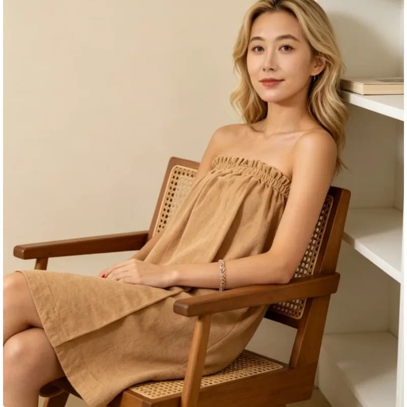 Absorbent Solid Color Bath Skirt Round Neck Wrap Top Salon Style for Women Home Robe and Spa Lounge Wear