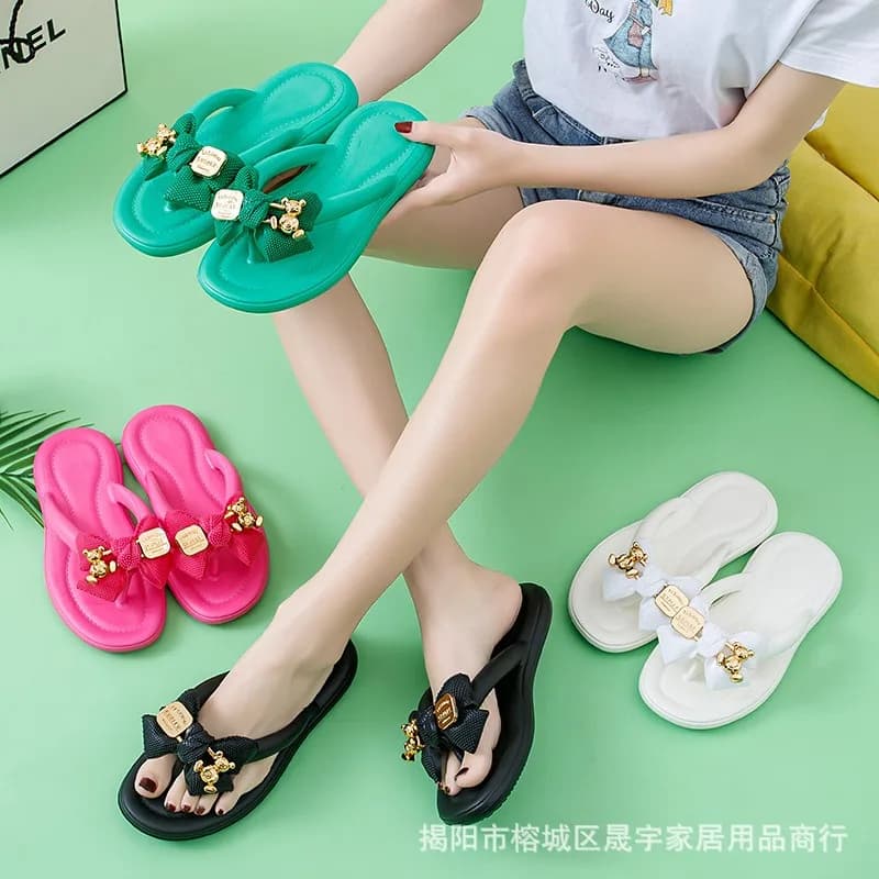 Summer Women Bow Flip-Flops Lady EVA Thick-Soled Slippers Adult Anti-Slip Toe-Post Sandals Beach Shoes Indoor Casual Slippers