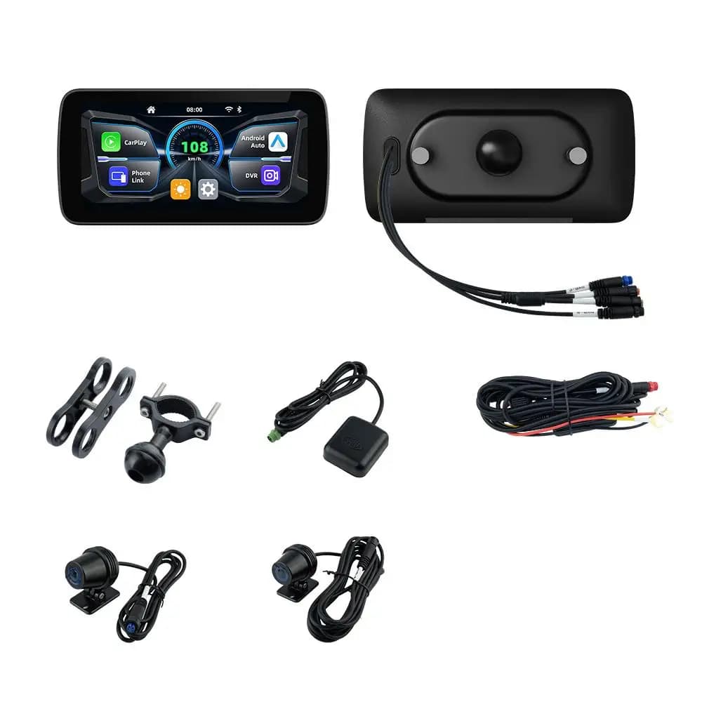 Navigatore per Moto a Sgancio Rapido 6.25" con Touch Screen, Carplay, Android Auto, Dashcam a Doppia Lente, DVR Impermeabile, TPMS Antifurto