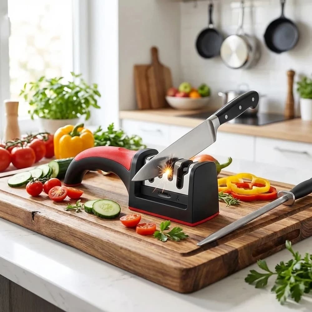 Affilacoltelli da cucina a 3 segmenti in acciaio inossidabile, strumento multiuso per affilare, base antiscivolo, affilatura rapida per coltelli da chef F