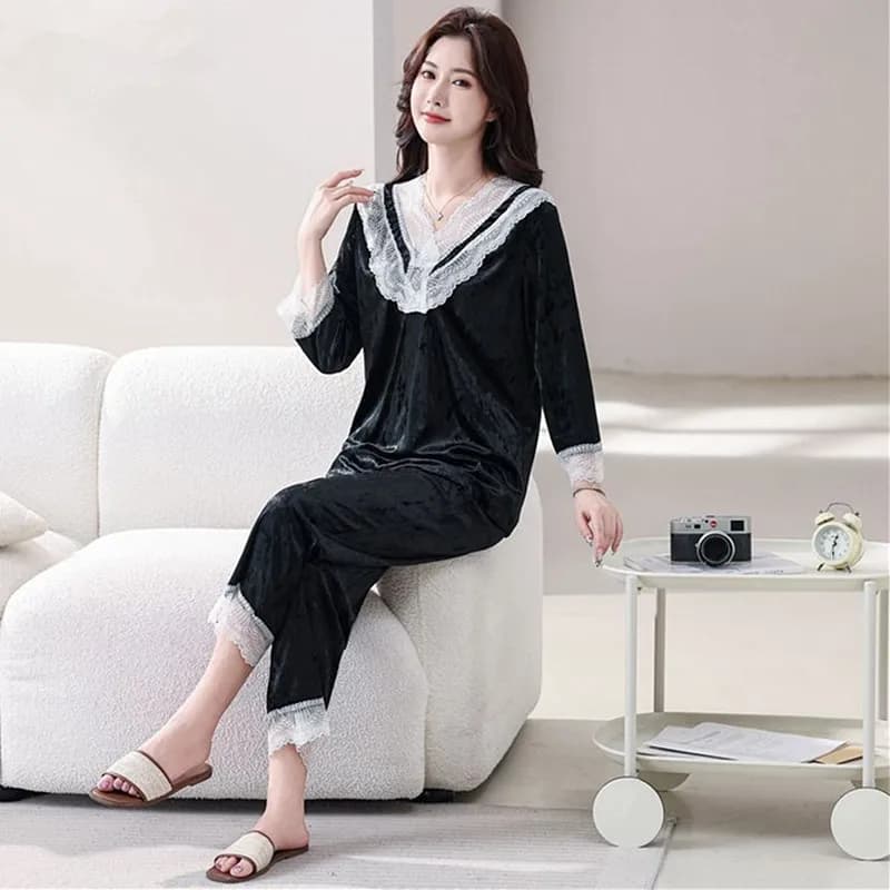 XL-6XL Pigiama di velluto dorato di fascia alta per le donne Autunno e inverno a maniche lunghe Set di abbigliamento per la casa Abito da notte francese sexy