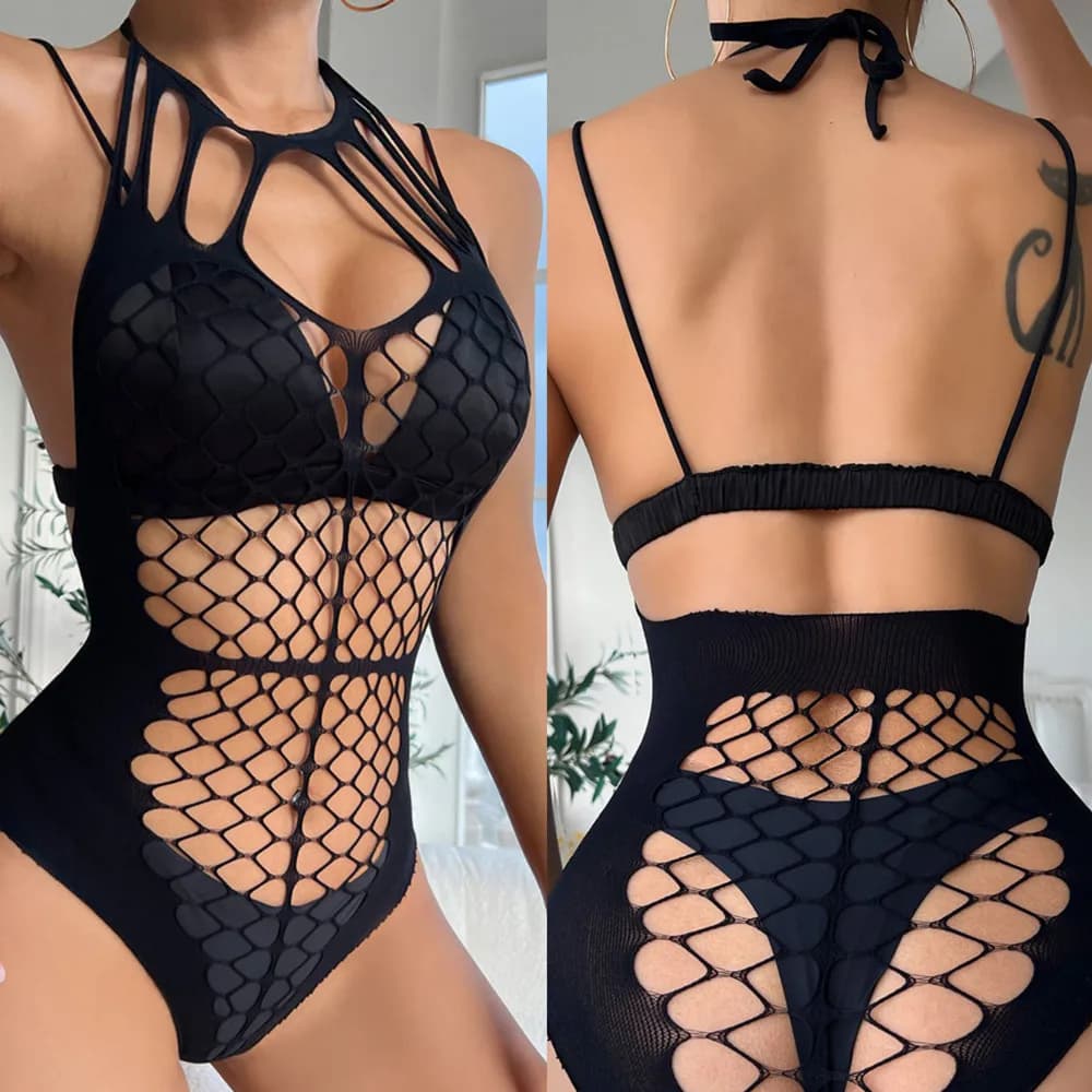 Tuta intera alta elastica Porno Intimo Donna Sexy Bodystocking a rete Sensuale Vedi attraverso collant Lingerie Body