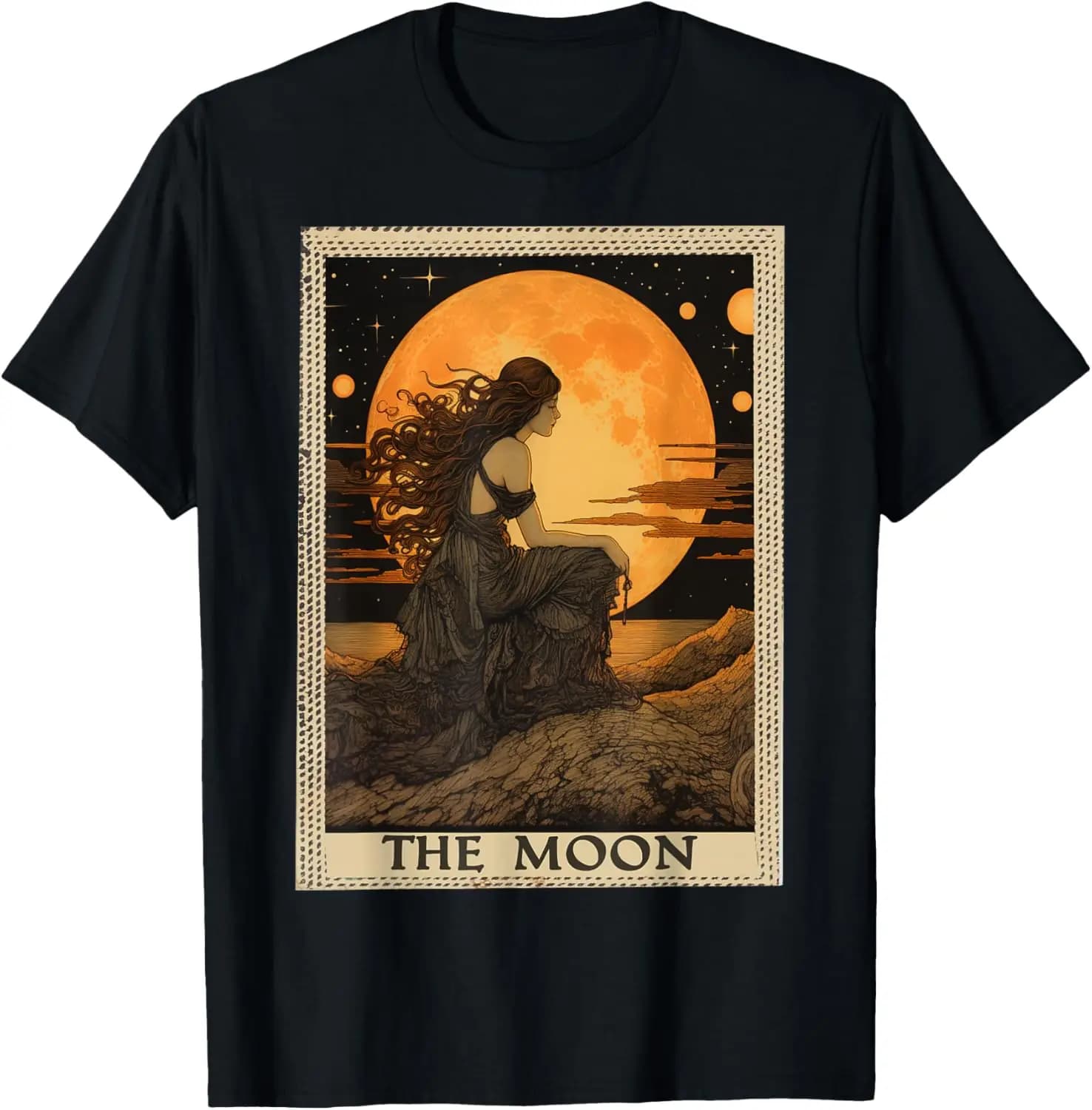 Vintage Tarot Card The Moon T-Shirt 100% Cotton Trendy Y2K Short-Sleeve Tee-Soft, Quick-Drying, Moisture-Wicking; Ideal Sports