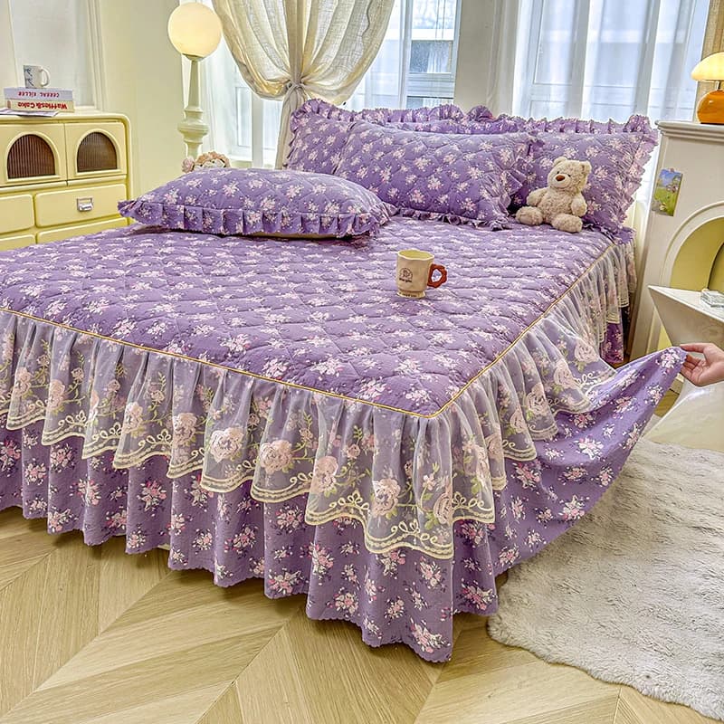 Gonna letto stile pizzo Copriletto con stampa floreale Copriletto singolo/Queen/King Size Biancheria da letto addensata jupe de lit (senza federa)