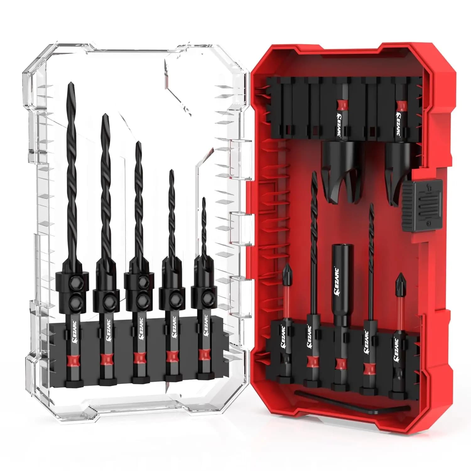 Set of 15 conical drill tips with wooden cutters and wooden box for woodworking
