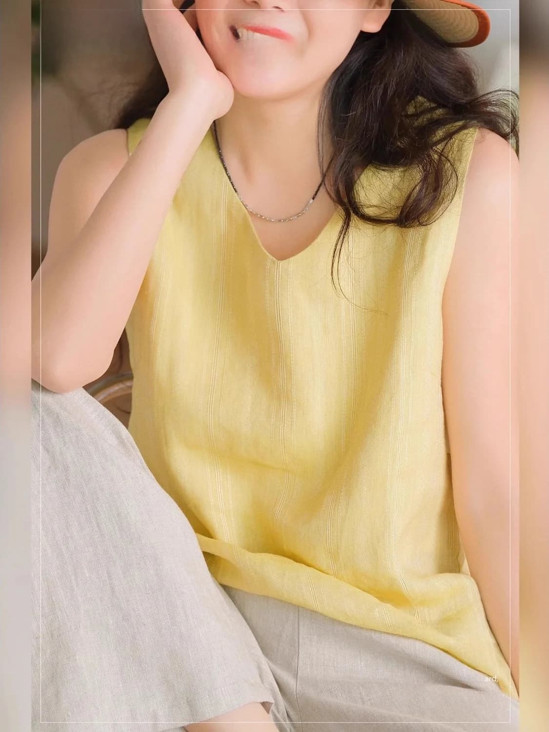 Summer New Comfortable Cotton Linen V-ne Color T-irt Casual Versatile Slimming Svel Vest Top for Women