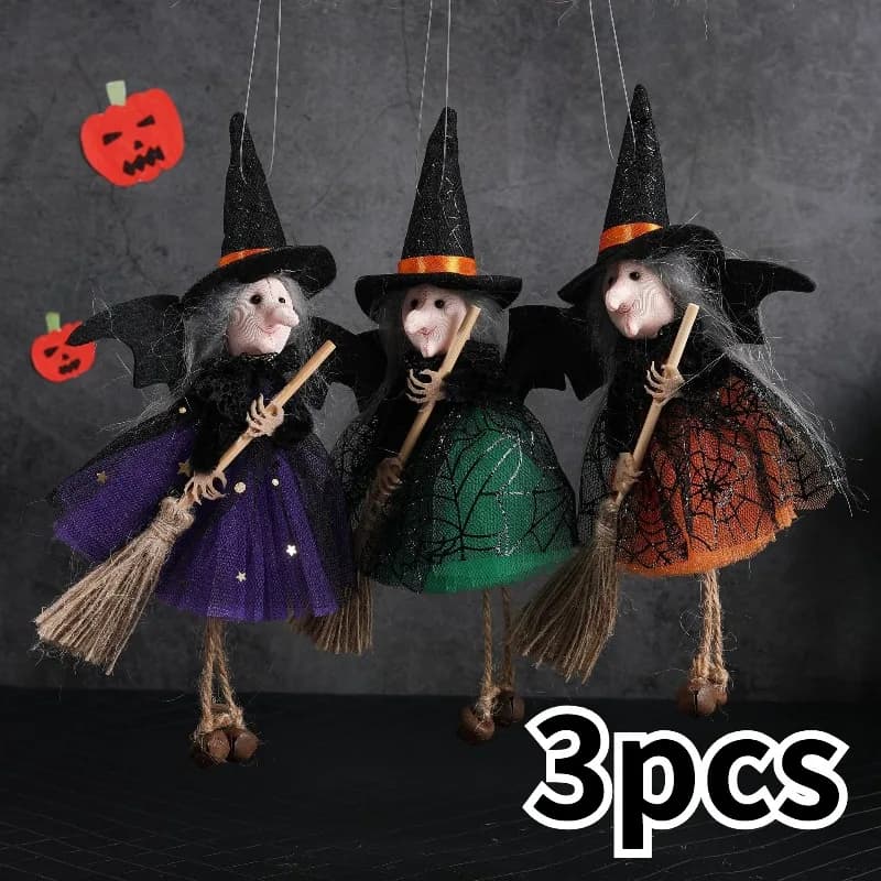 3Pcs Halloween decoration pendant witch with broom gauze skirt pendant creative holiday atmosphere decoration pendant