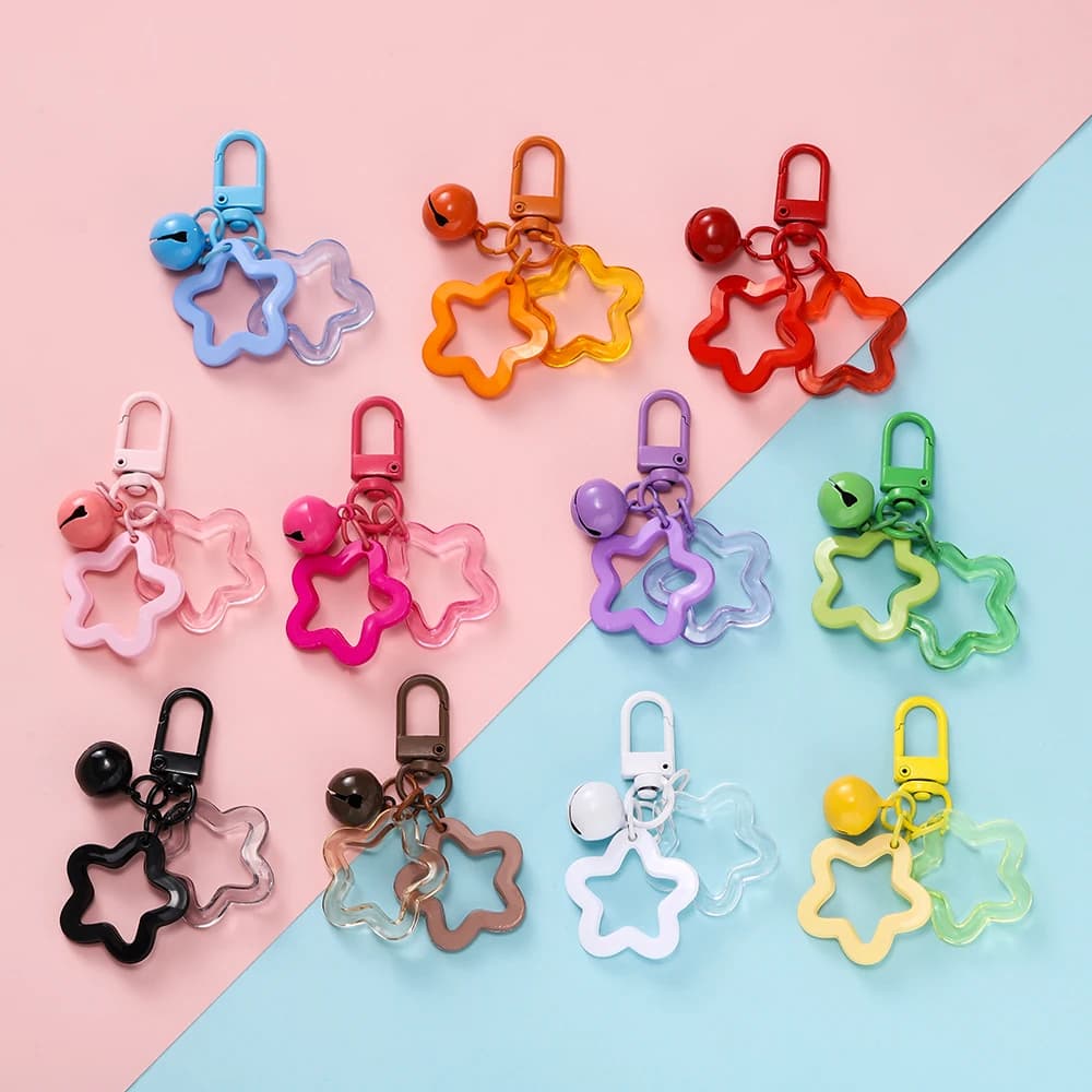 1pcs Hollow Star Charm Pendant with Small Bell Colorful Acrylic Beads Keychain Accessories Bag Lanyard Keyring Jewelry Making