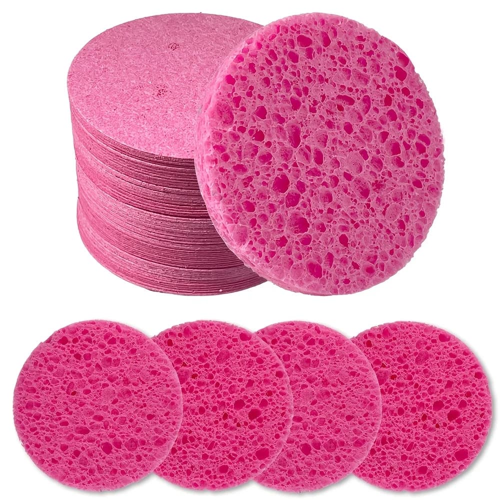 30pcs Round compressed facial sponge for one-time cleansing, makeup removal, and exfoliation. Suitable for travel cleaning
