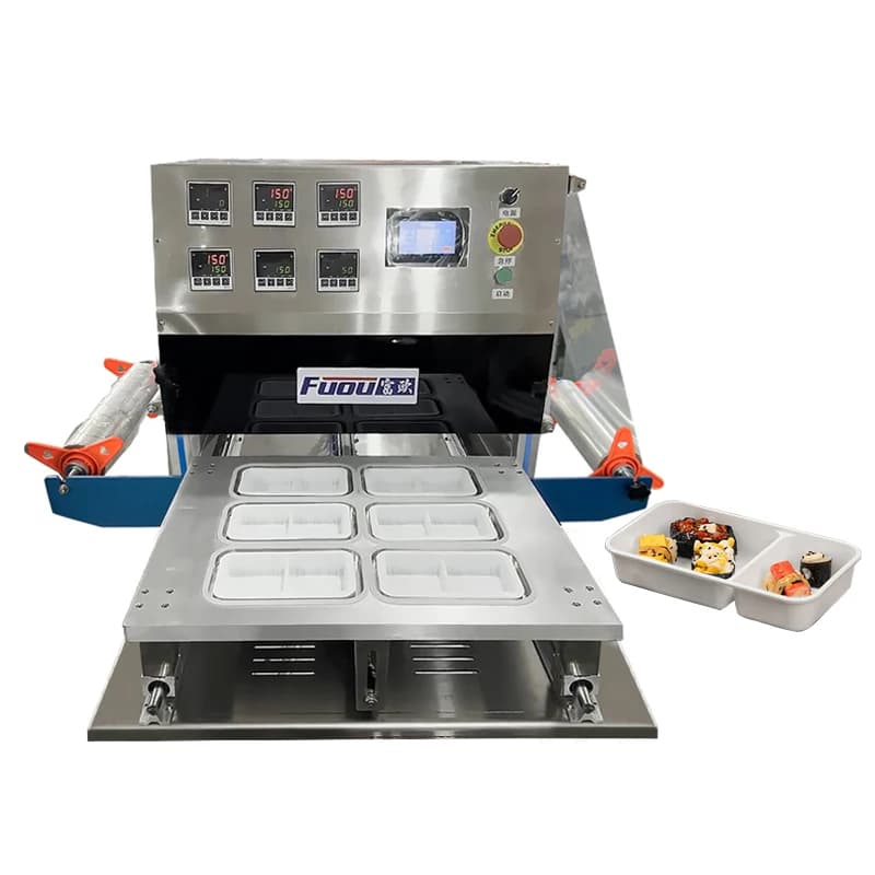 Confezionatrice pneumatica per contenitori per pasti pronti per tofu, confezionatrice automatica per vassoi di plastica, per biscotti e snack