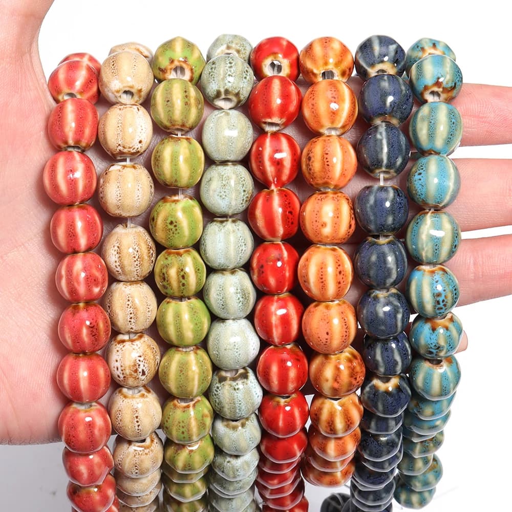 1 filo di perline in ceramica colorate a strisce di zucca da 11,5 mm, perline rotonde sfuse per la creazione di gioielli, collane fai da te, braccialetti e accessori.