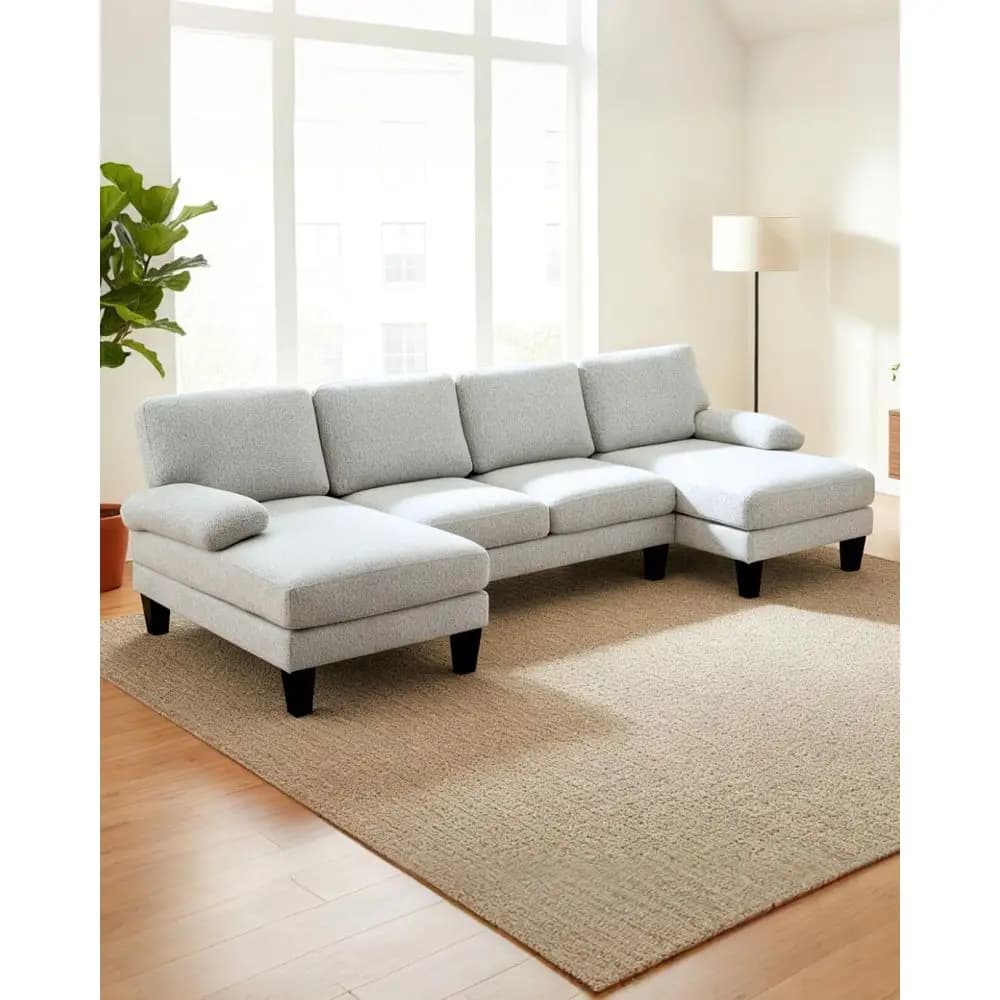 Set di divani a forma di U in ciniglia a 4 posti con doppie chaise longue e gambe effetto legno, grigio chiaro