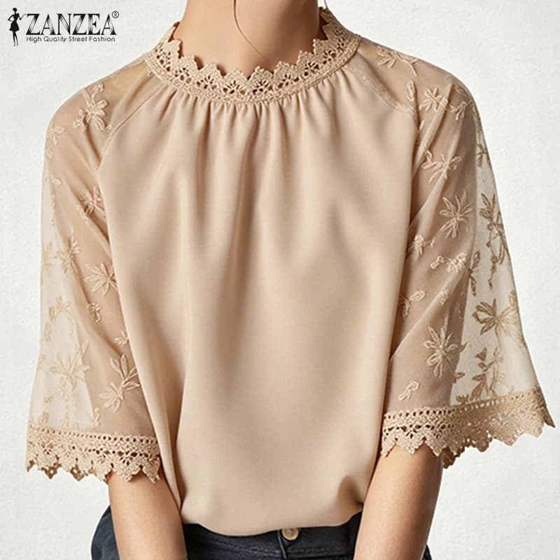 ZANZEA Elegant lace shirt Woman Autumn Collect to Korean Tunica casual Top 2025 Fashion Patchwork Office Lady OL Blusas Femininas