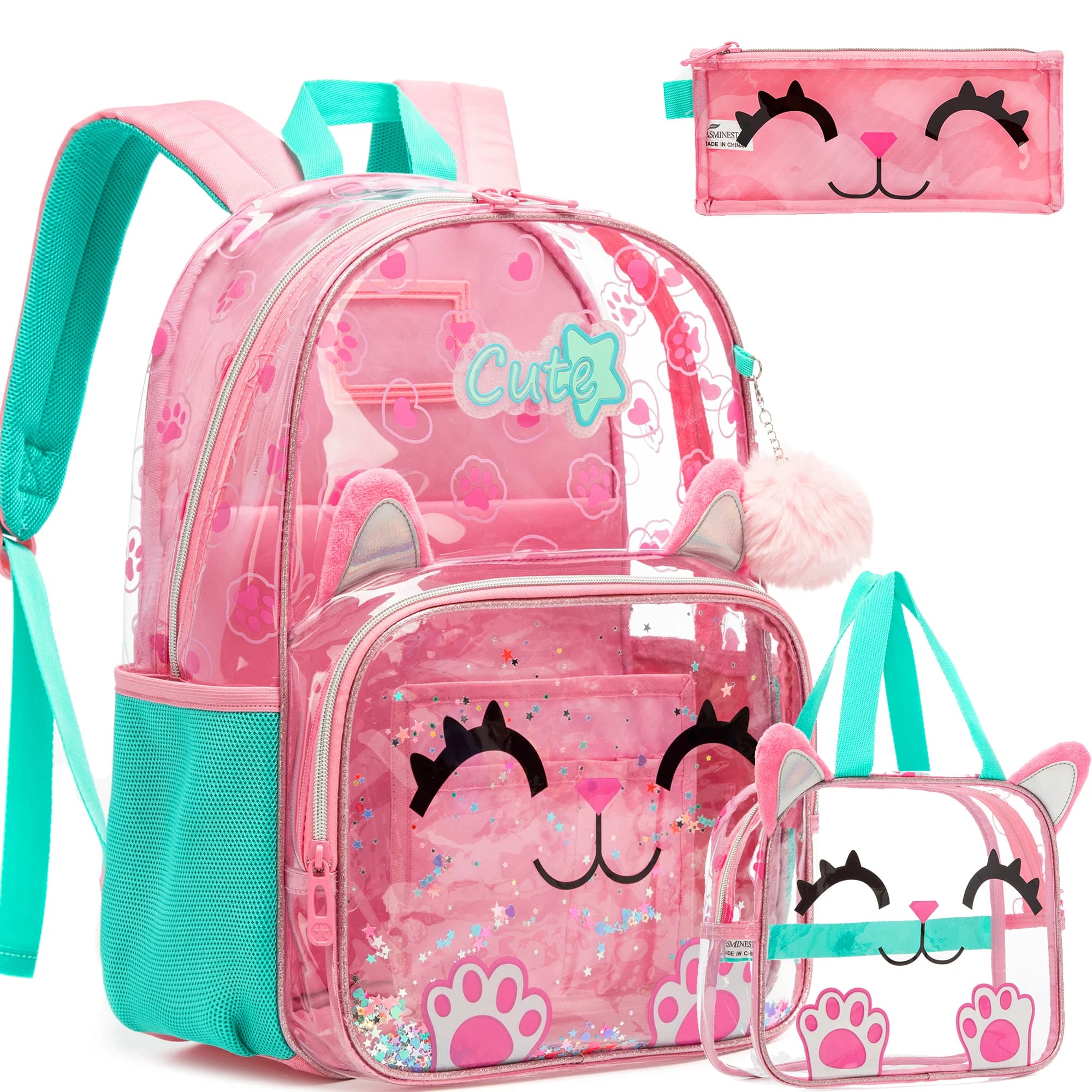 Clear Backpack Set with Lunch Box, Transparent School Bag for Boys & Girls, Kindergarten & Elementary Students